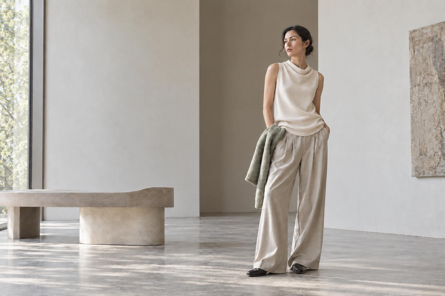 Editorial concept of AERUNE wide-leg trousers styled in a gallery